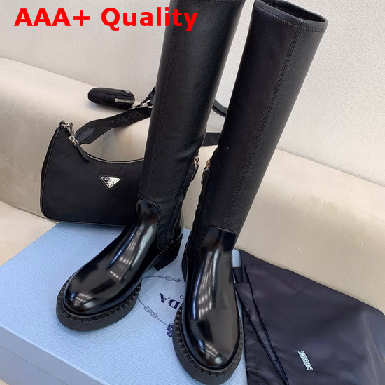 Prada Brushed Leather and Stretch Nappa Leather Boots in Black Replica