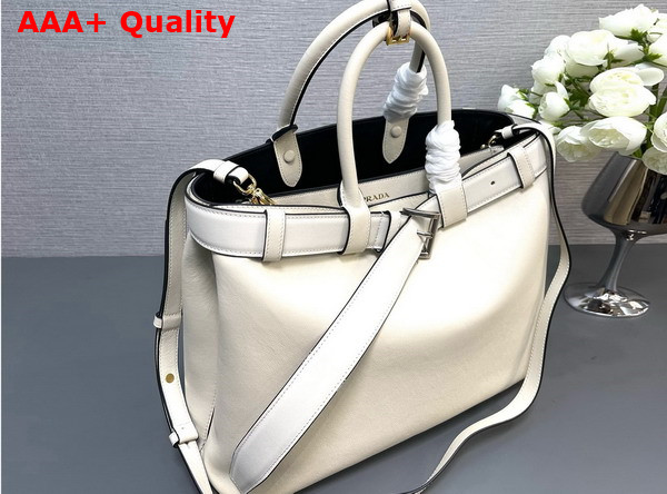 Prada Buckle Large Leather Handbag with Belt in White 1BA416 Replica