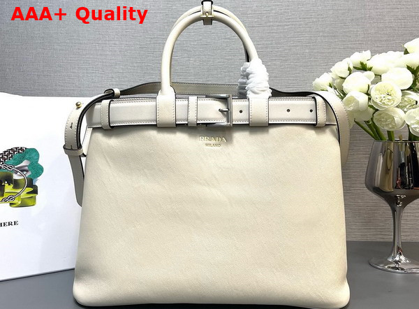 Prada Buckle Large Leather Handbag with Belt in White 1BA416 Replica