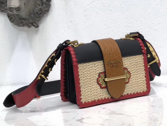 Prada Cahier Straw and Leather Bag Beige and Red