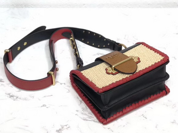 Prada Cahier Straw and Leather Bag Beige and Red