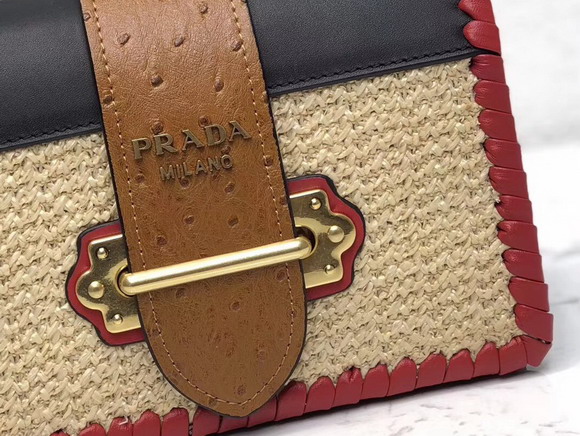 Prada Cahier Straw and Leather Bag Beige and Red