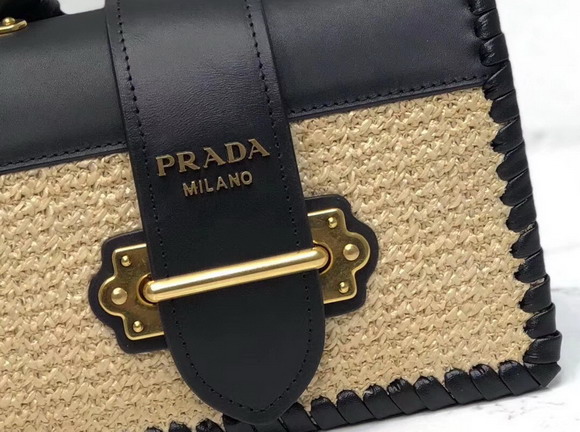 Prada Cahier Straw and Leather Bag Black and Beige