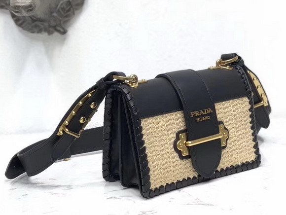 Prada Cahier Straw and Leather Bag Black and Beige