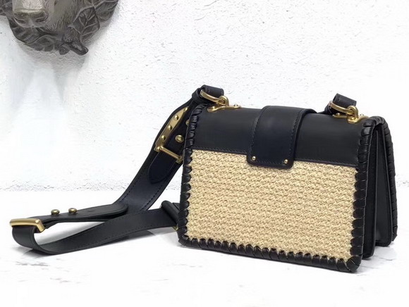 Prada Cahier Straw and Leather Bag Black and Beige