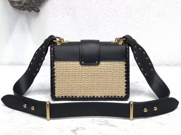 Prada Cahier Straw and Leather Bag Black and Beige