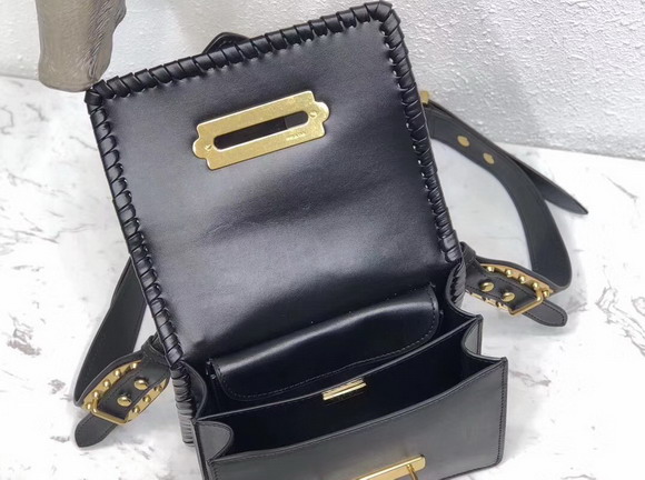 Prada Cahier Straw and Leather Bag Black and Beige