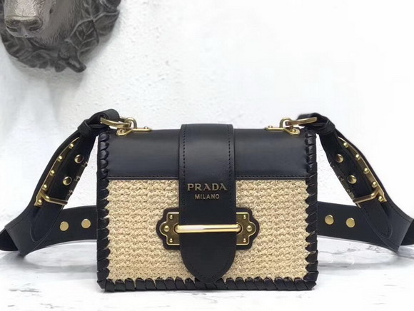 Prada Cahier Straw and Leather Bag Black and Beige