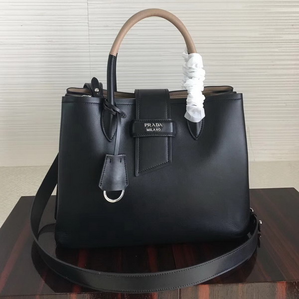 Prada Calf Leather Tote in Black with Khaki Interior