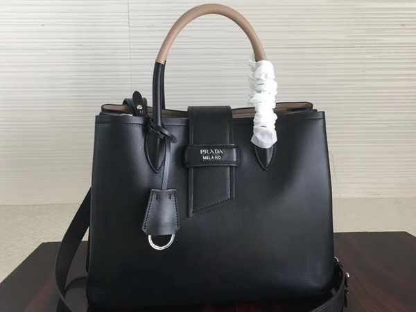 Prada Calf Leather Tote in Black with Khaki Interior