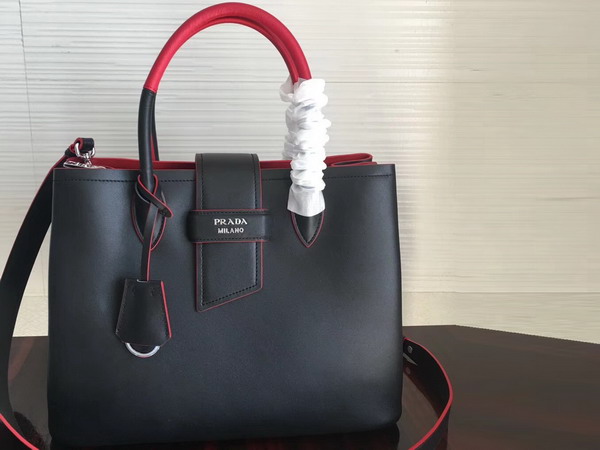 Prada Calf Leather Tote in Black with Red Interior