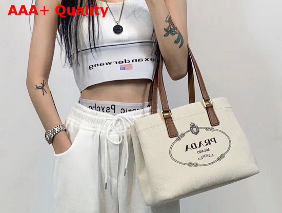 Prada Canvas and Leather Tote in Beige Replica