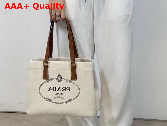 Prada Canvas and Leather Tote in Beige Replica