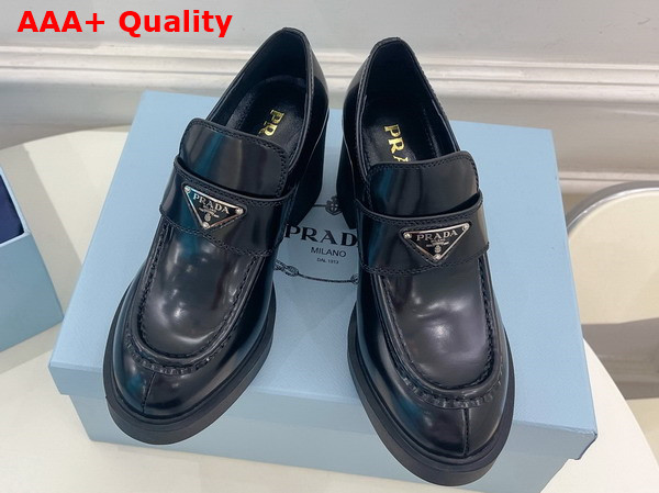 Prada Chocolate High Heeled Brushed Leather Loafers in Black 1D246M Replica