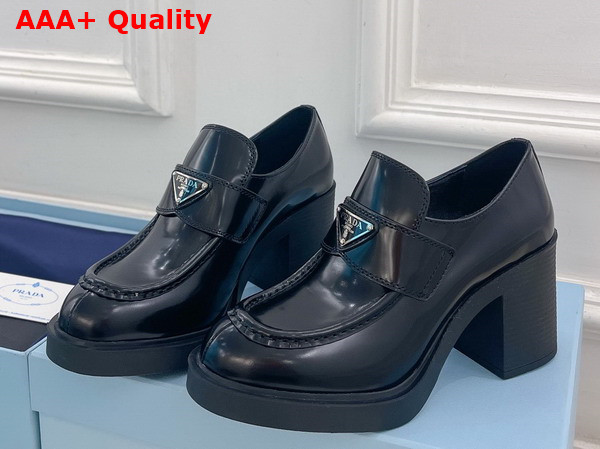 Prada Chocolate High Heeled Brushed Leather Loafers in Black 1D246M Replica