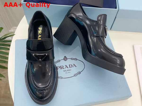 Prada Chocolate High Heeled Brushed Leather Loafers in Black 1D246M Replica