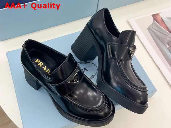 Prada Chocolate High Heeled Brushed Leather Loafers in Black 1D246M Replica