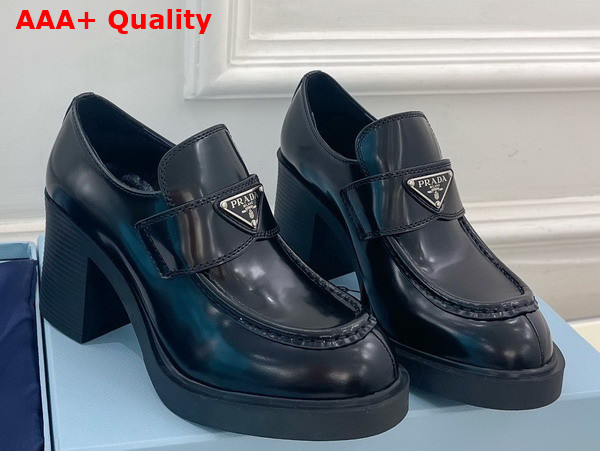 Prada Chocolate High Heeled Brushed Leather Loafers in Black 1D246M Replica