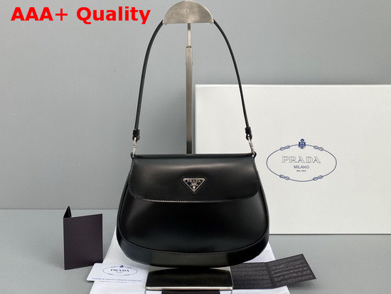 Prada Cleo Brushed Leather Shoulder Bag with Flap Black Replica