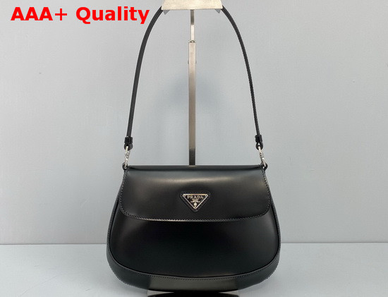 Prada Cleo Brushed Leather Shoulder Bag with Flap Black Replica