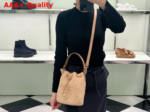 Prada Crochet and Leather Mini Bucket Bag in Natural 1BE068 Replica