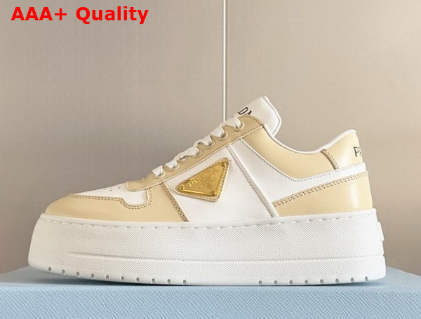 Prada Downtown Bold Leather Sneakers in Desert and White 1E792M Replica