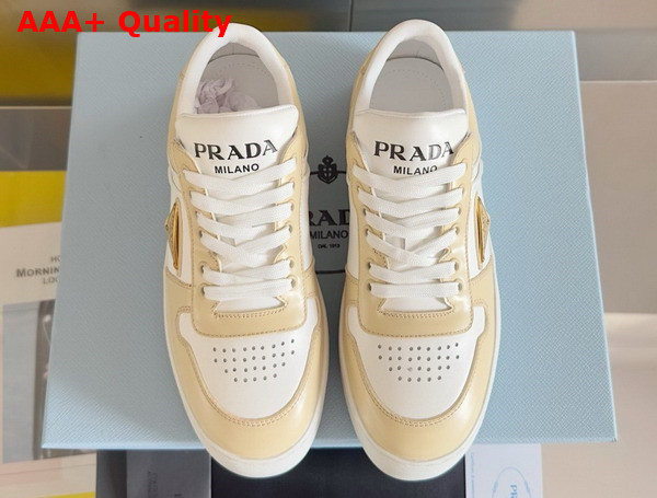 Prada Downtown Bold Leather Sneakers in Desert and White 1E792M Replica