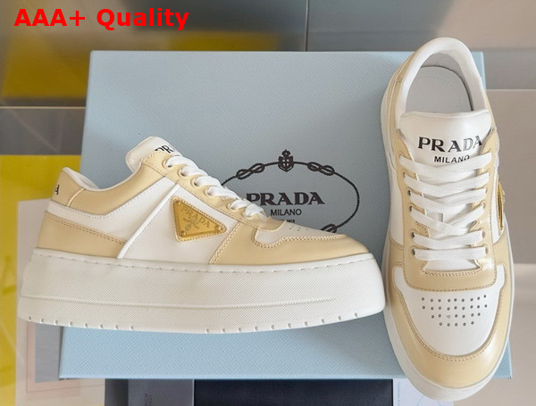 Prada Downtown Bold Leather Sneakers in Desert and White 1E792M Replica