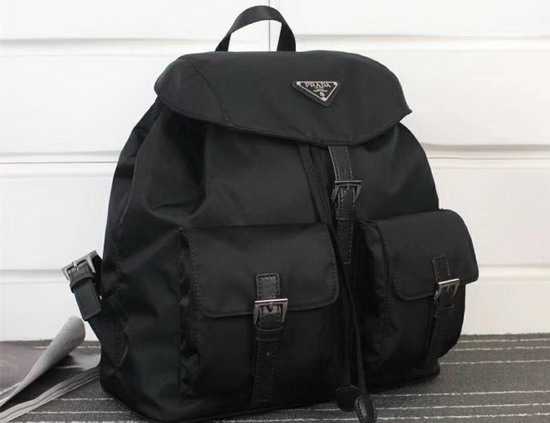 Prada Fabric Backpack in Black with Saffiano Leather Trim