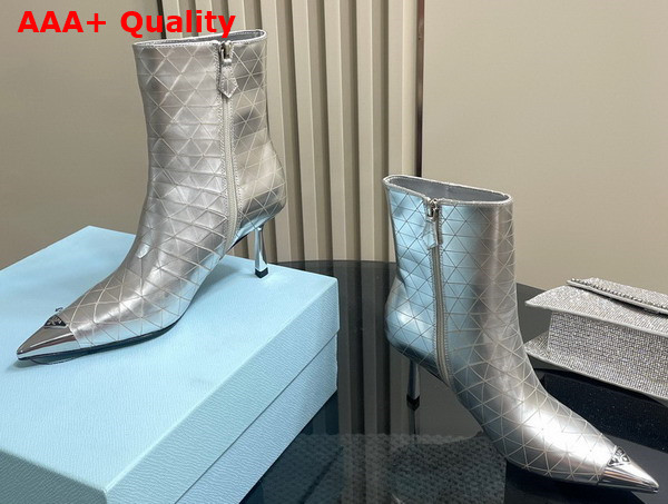 Prada High Heeled Leather Booties in Metallic Silver Replica