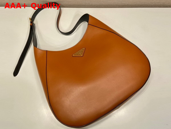 Prada Large Leather Shoulder Bag with Topstitching Cognac and Black 1BC181 Replica