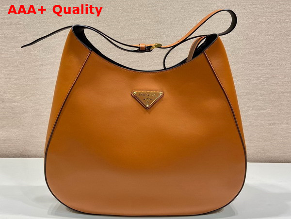 Prada Large Leather Shoulder Bag with Topstitching Cognac and Black 1BC181 Replica