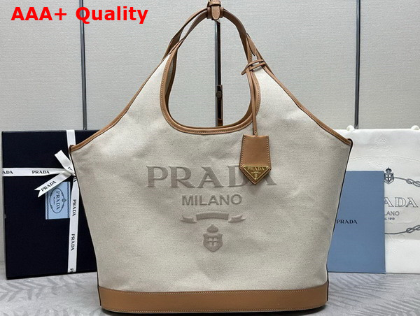 Prada Large Linen Blend and Leather Tote Bag in Natural 1BG472 Replica