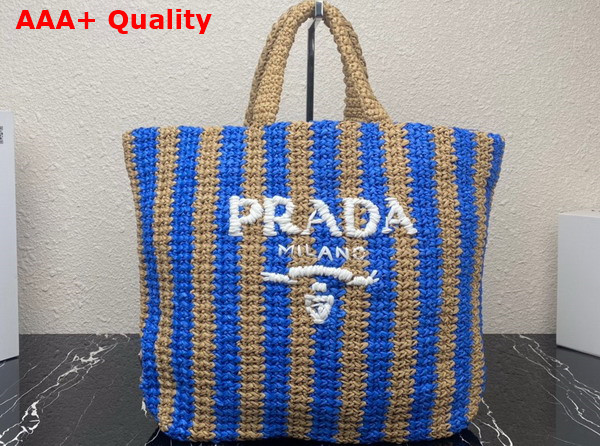 Prada Large Raffia Tote Bag Tan and Blue 1BG392 Replica