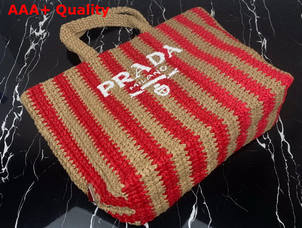 Prada Large Raffia Tote Bag Tan and Red 1BG392 Replica