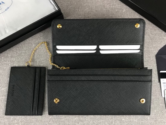 Prada Large Saffiano Leather Flap Wallet in Black with Metal Prada Lettering in the Same Tone