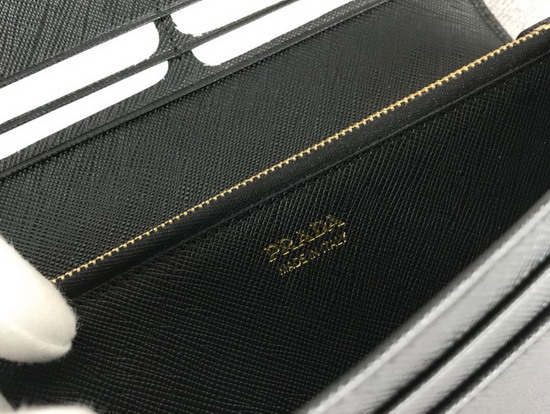 Prada Large Saffiano Leather Flap Wallet in Black with Metal Prada Lettering in the Same Tone