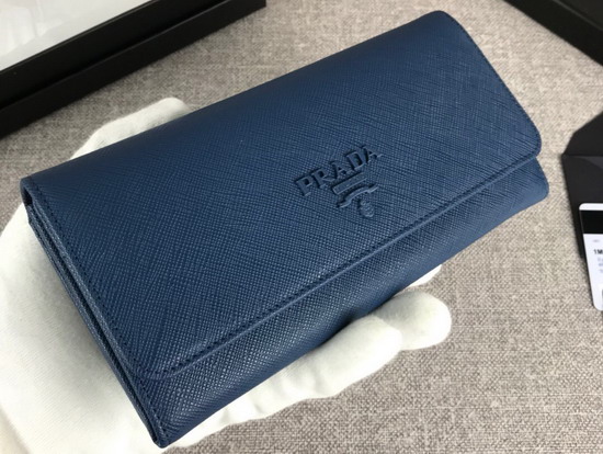 Prada Large Saffiano Leather Flap Wallet in Blue with Metal Prada Lettering in the Same Tone