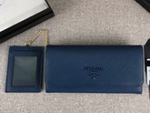 Prada Large Saffiano Leather Flap Wallet in Blue with Metal Prada Lettering in the Same Tone