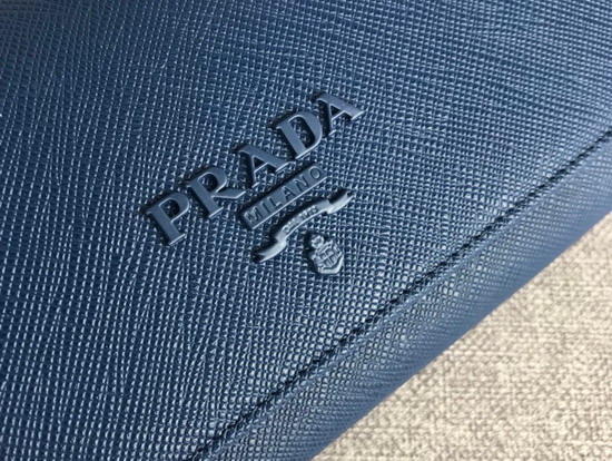 Prada Large Saffiano Leather Flap Wallet in Blue with Metal Prada Lettering in the Same Tone