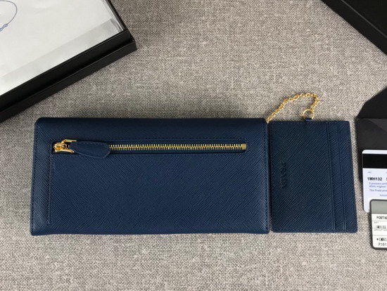 Prada Large Saffiano Leather Flap Wallet in Blue with Metal Prada Lettering in the Same Tone