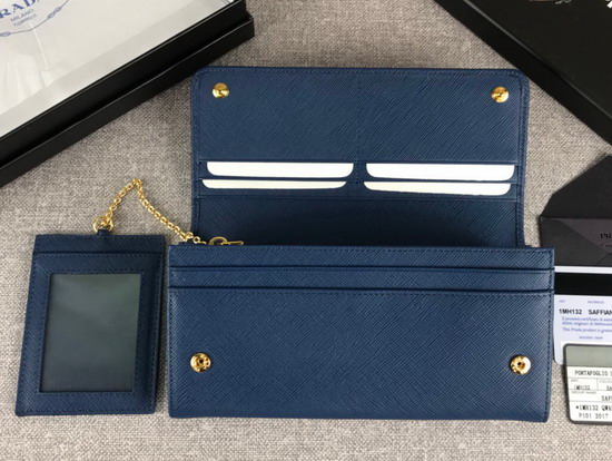 Prada Large Saffiano Leather Flap Wallet in Blue with Metal Prada Lettering in the Same Tone