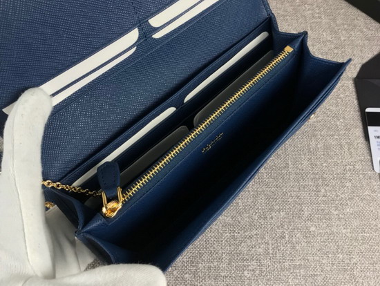 Prada Large Saffiano Leather Flap Wallet in Blue with Metal Prada Lettering in the Same Tone