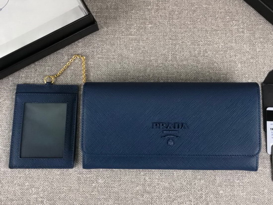 Prada Large Saffiano Leather Flap Wallet in Blue with Metal Prada Lettering in the Same Tone