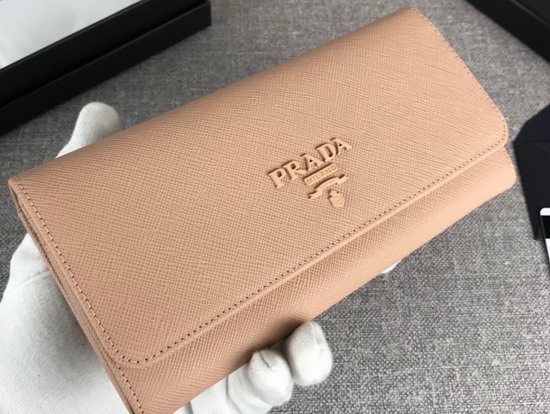 Prada Large Saffiano Leather Flap Wallet in Nude with Metal Prada Lettering in the Same Tone