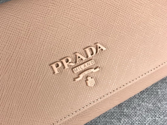 Prada Large Saffiano Leather Flap Wallet in Nude with Metal Prada Lettering in the Same Tone