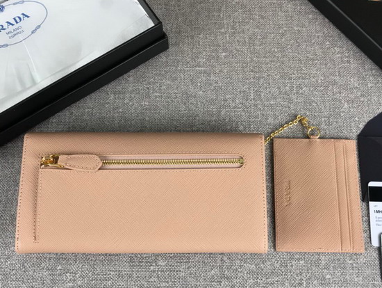 Prada Large Saffiano Leather Flap Wallet in Nude with Metal Prada Lettering in the Same Tone