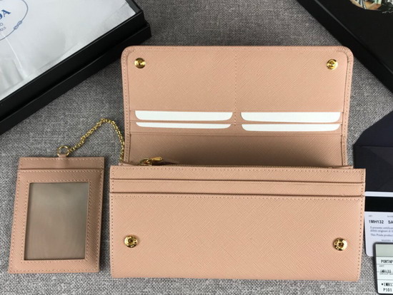 Prada Large Saffiano Leather Flap Wallet in Nude with Metal Prada Lettering in the Same Tone