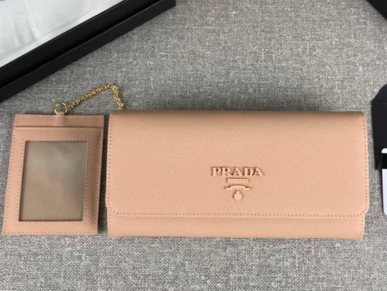 Prada Large Saffiano Leather Flap Wallet in Nude with Metal Prada Lettering in the Same Tone