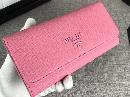 Prada Large Saffiano Leather Flap Wallet in Pink with Metal Prada Lettering in the Same Tone